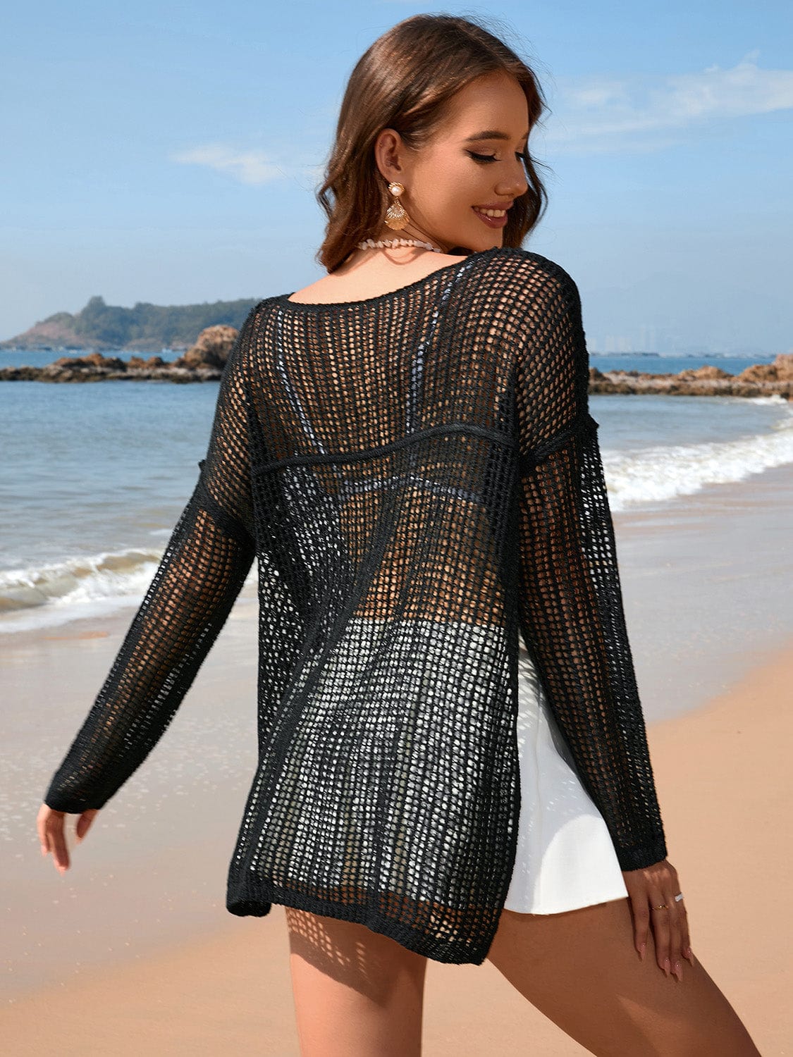 Trendsi Openwork Slit Boat Neck Long Sleeve Cover-Up Openwork Slit Boat Neck Long Sleeve Cover-Up