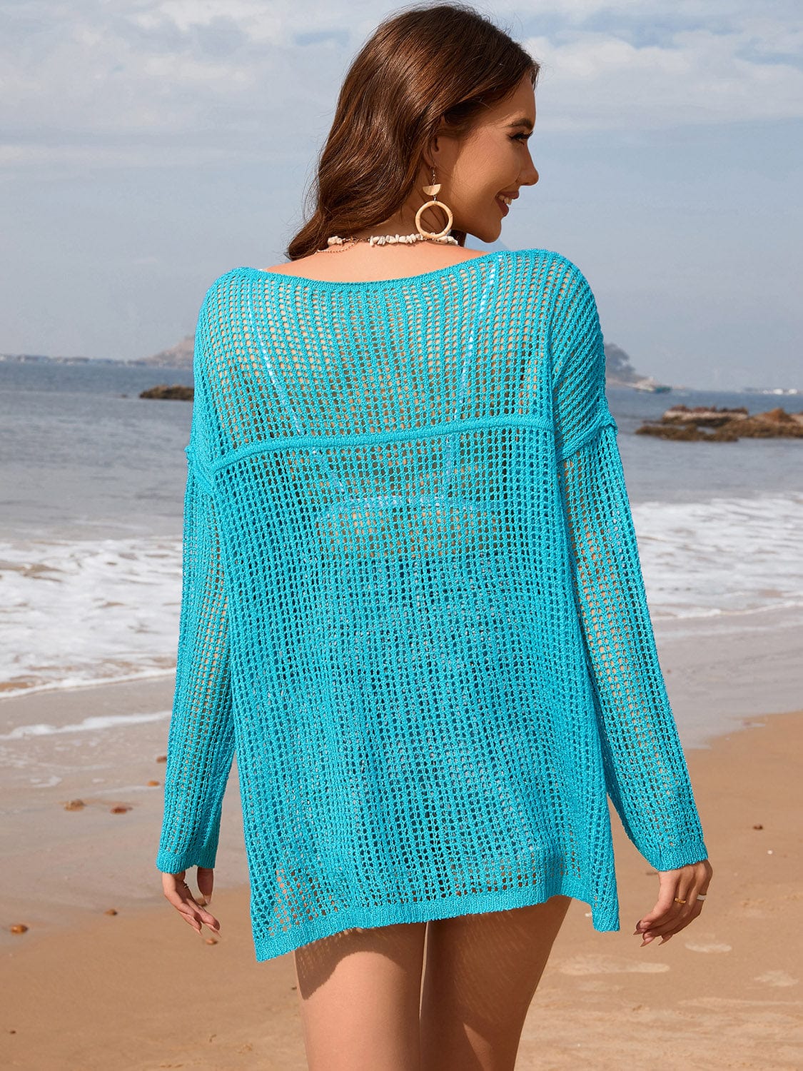 Trendsi Openwork Slit Boat Neck Long Sleeve Cover-Up Openwork Slit Boat Neck Long Sleeve Cover-Up