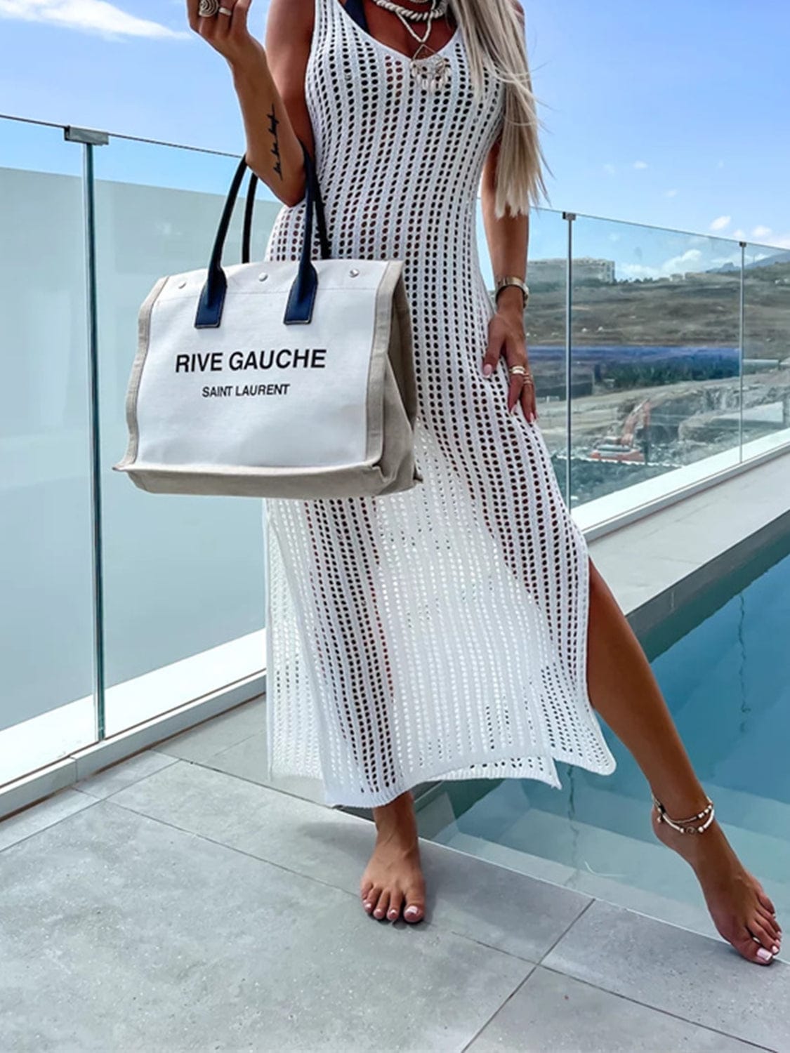 Trendsi Openwork Slit Cutout Wide Strap Dress Openwork Slit Cutout Wide Strap Dress