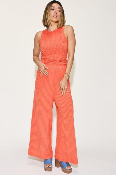 Trendsi Orange / S Basic Bae Full Size Ribbed Tank and Wide Leg Pants Set Basic Bae Full Size Ribbed Tank and Wide Leg Pants Set