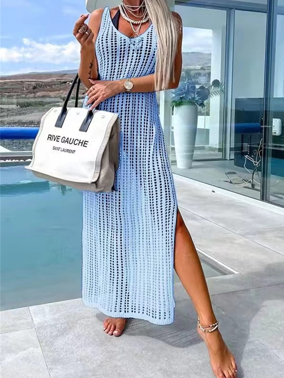 Trendsi Pastel  Blue / S Openwork Slit Cutout Wide Strap Dress Openwork Slit Cutout Wide Strap Dress