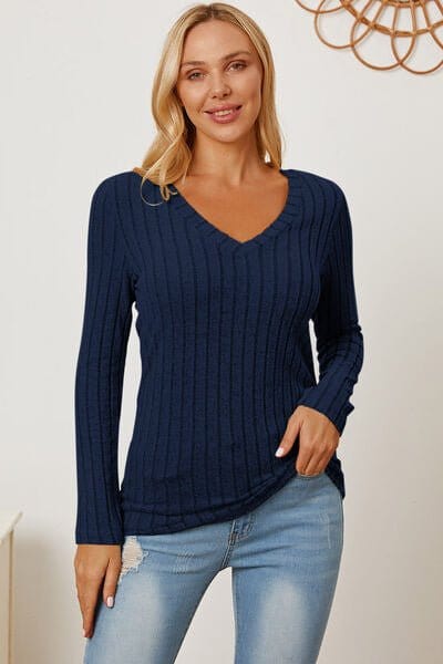 Trendsi Peacock  Blue / S Basic Bae Full Size Ribbed V-Neck Long Sleeve T-Shirt Basic Bae Full Size Ribbed V-Neck Long Sleeve T-Shirt