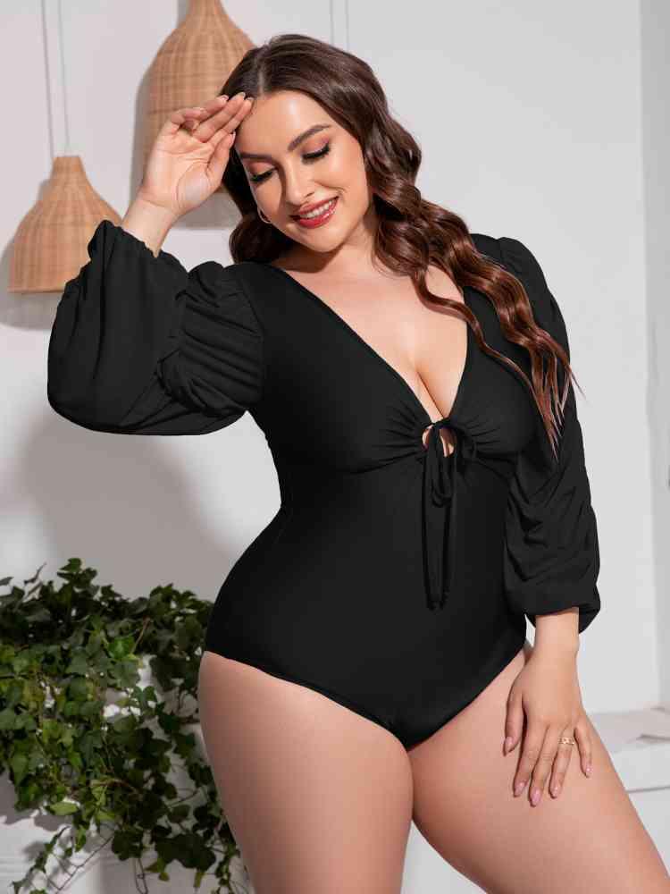 Trendsi Plus Size Tied Deep V Balloon Sleeve One-Piece Swimsuit Plus Size Tied Deep V Balloon Sleeve One-Piece Swimsuit