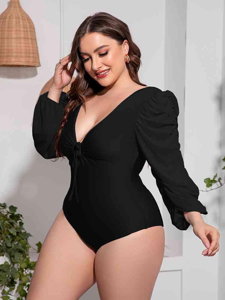 Trendsi Plus Size Tied Deep V Balloon Sleeve One-Piece Swimsuit Plus Size Tied Deep V Balloon Sleeve One-Piece Swimsuit