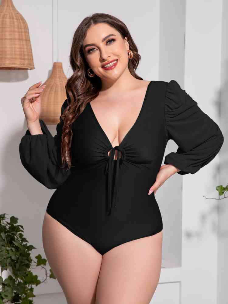 Trendsi Plus Size Tied Deep V Balloon Sleeve One-Piece Swimsuit Plus Size Tied Deep V Balloon Sleeve One-Piece Swimsuit