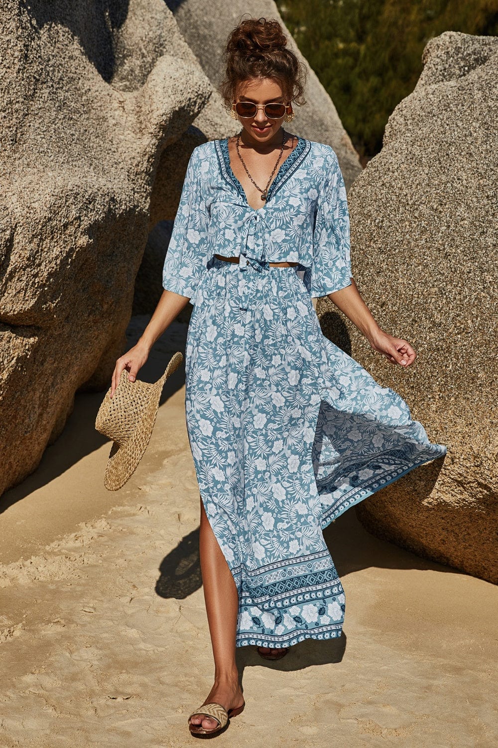 Trendsi Printed Half Sleeve Top and Slit Skirt Set Printed Half Sleeve Top and Slit Skirt Set