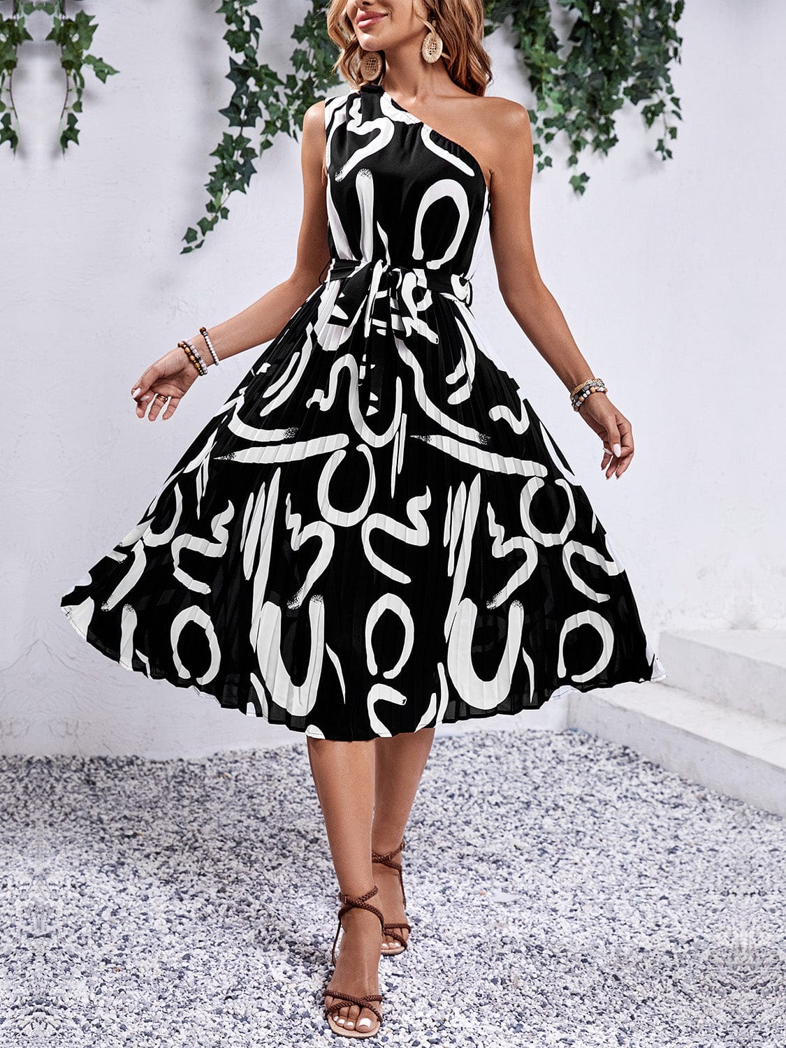Trendsi Printed Single Shoulder Tie Waist Dress Printed Single Shoulder Tie Waist Dress