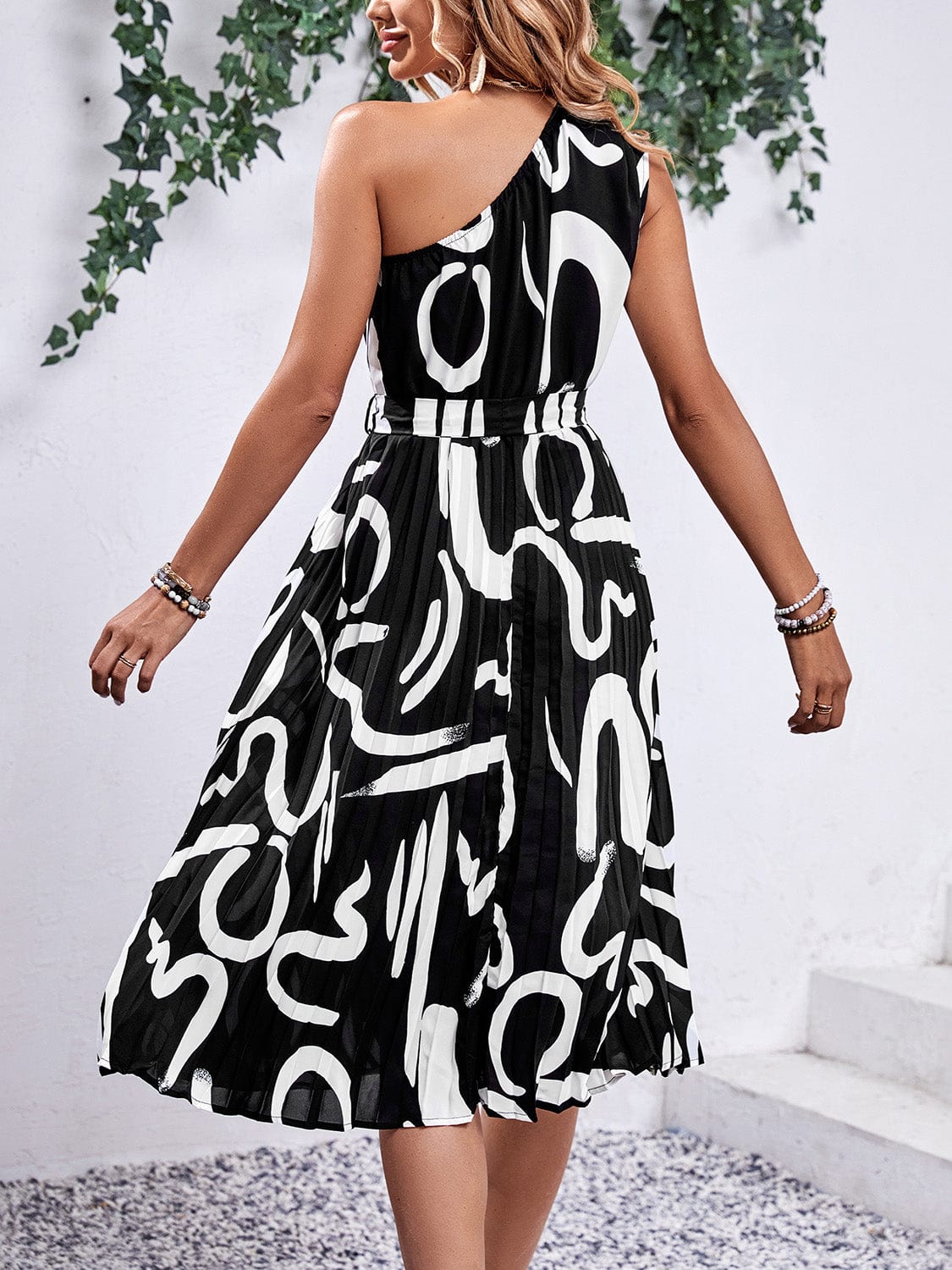 Trendsi Printed Single Shoulder Tie Waist Dress Printed Single Shoulder Tie Waist Dress