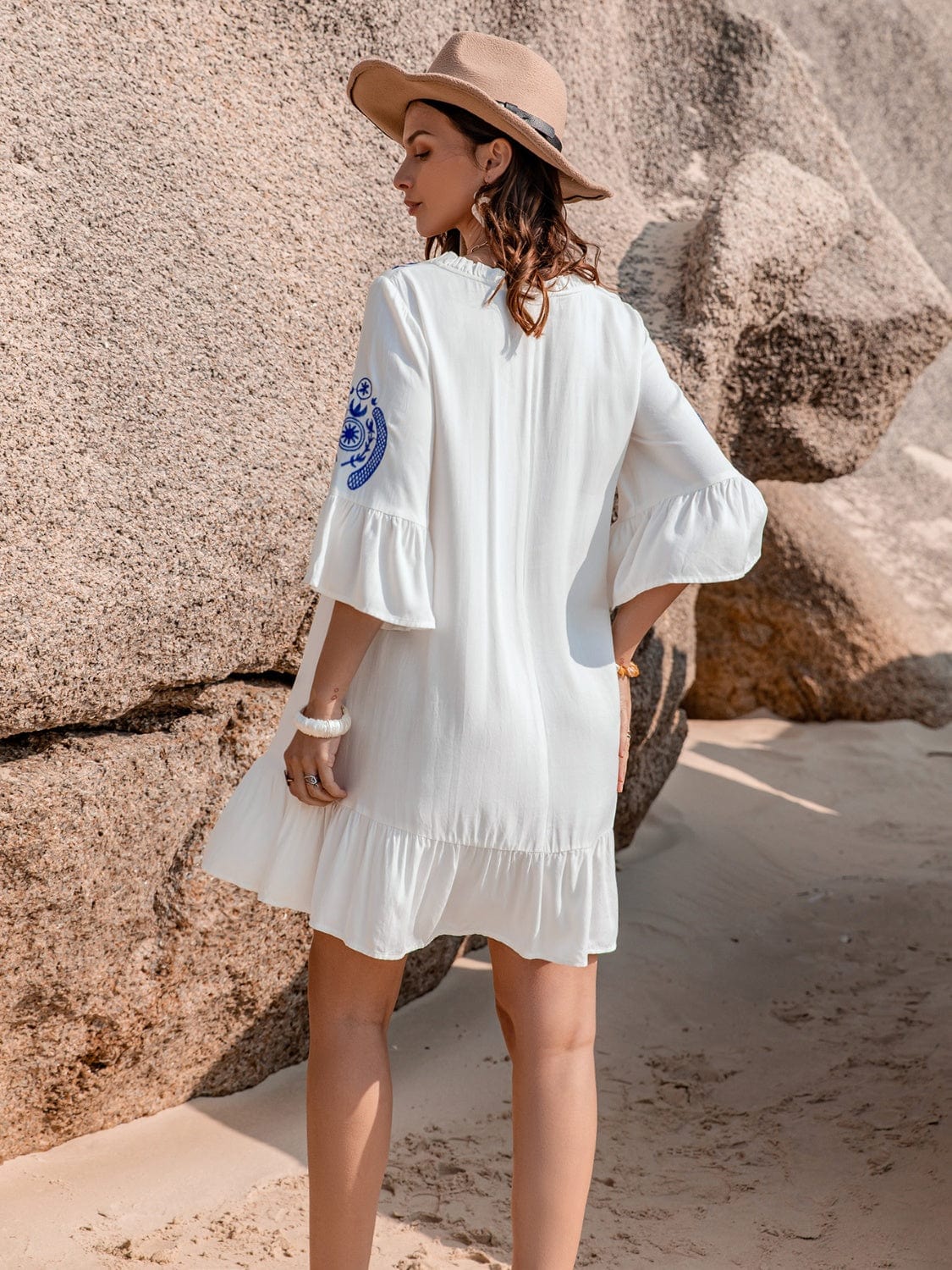 Trendsi Printed Tie Neck Flounce Sleeve Mini Dress Printed Tie Neck Flounce Sleeve Mini Dress