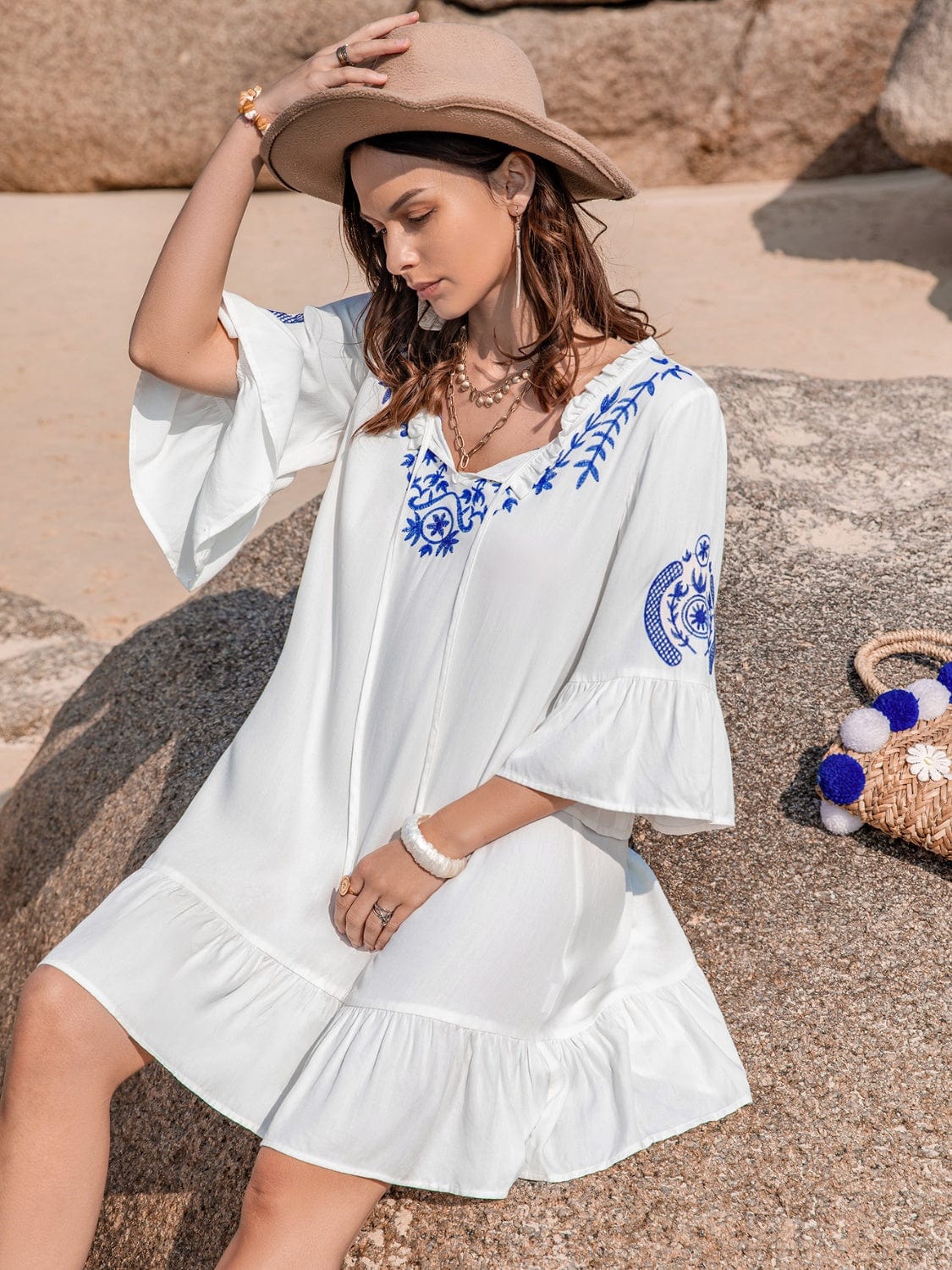 Trendsi Printed Tie Neck Flounce Sleeve Mini Dress Printed Tie Neck Flounce Sleeve Mini Dress