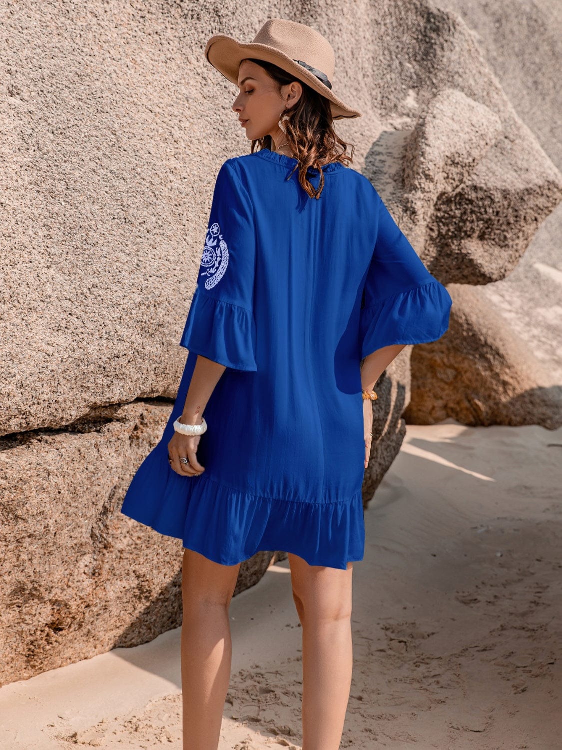 Trendsi Printed Tie Neck Flounce Sleeve Mini Dress Printed Tie Neck Flounce Sleeve Mini Dress