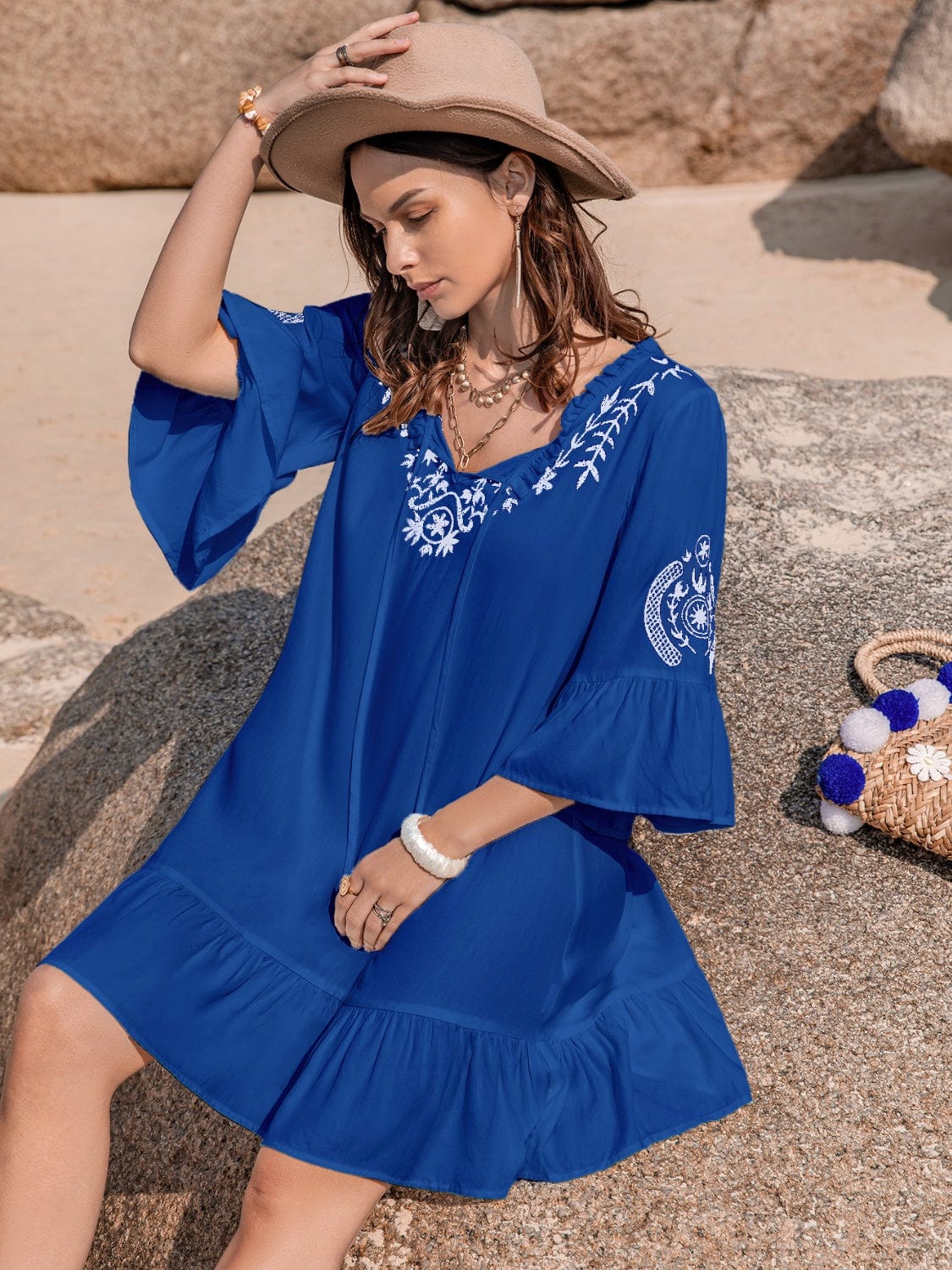 Trendsi Printed Tie Neck Flounce Sleeve Mini Dress Printed Tie Neck Flounce Sleeve Mini Dress