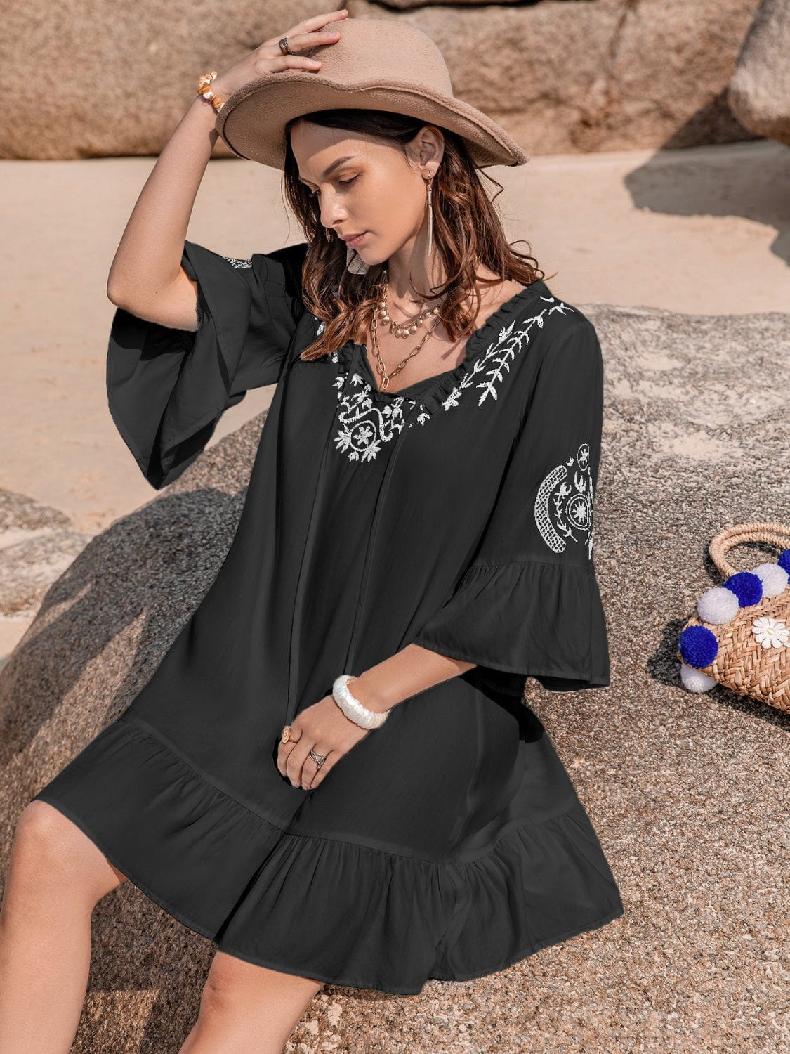 Trendsi Printed Tie Neck Flounce Sleeve Mini Dress Printed Tie Neck Flounce Sleeve Mini Dress