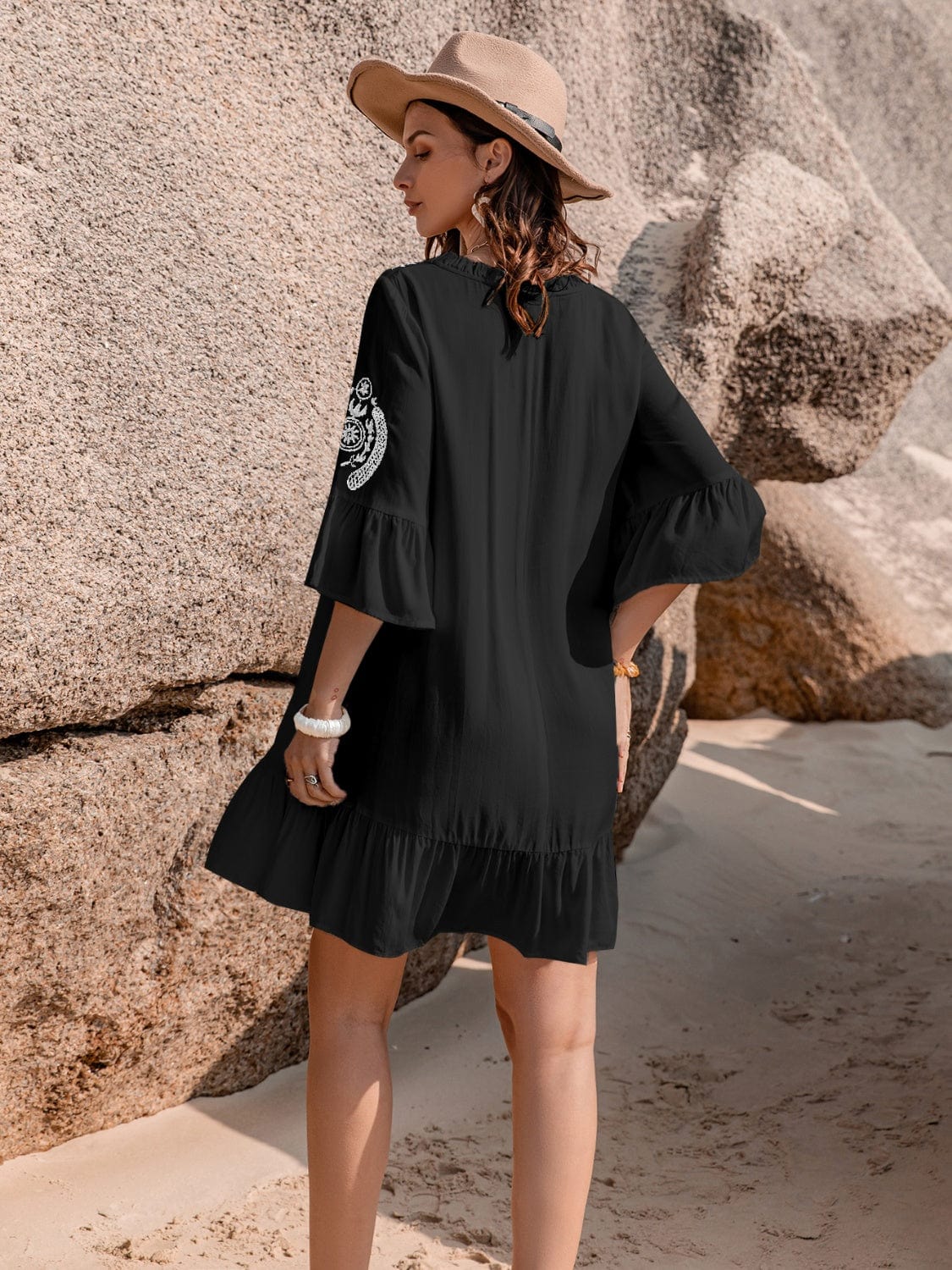 Trendsi Printed Tie Neck Flounce Sleeve Mini Dress Printed Tie Neck Flounce Sleeve Mini Dress