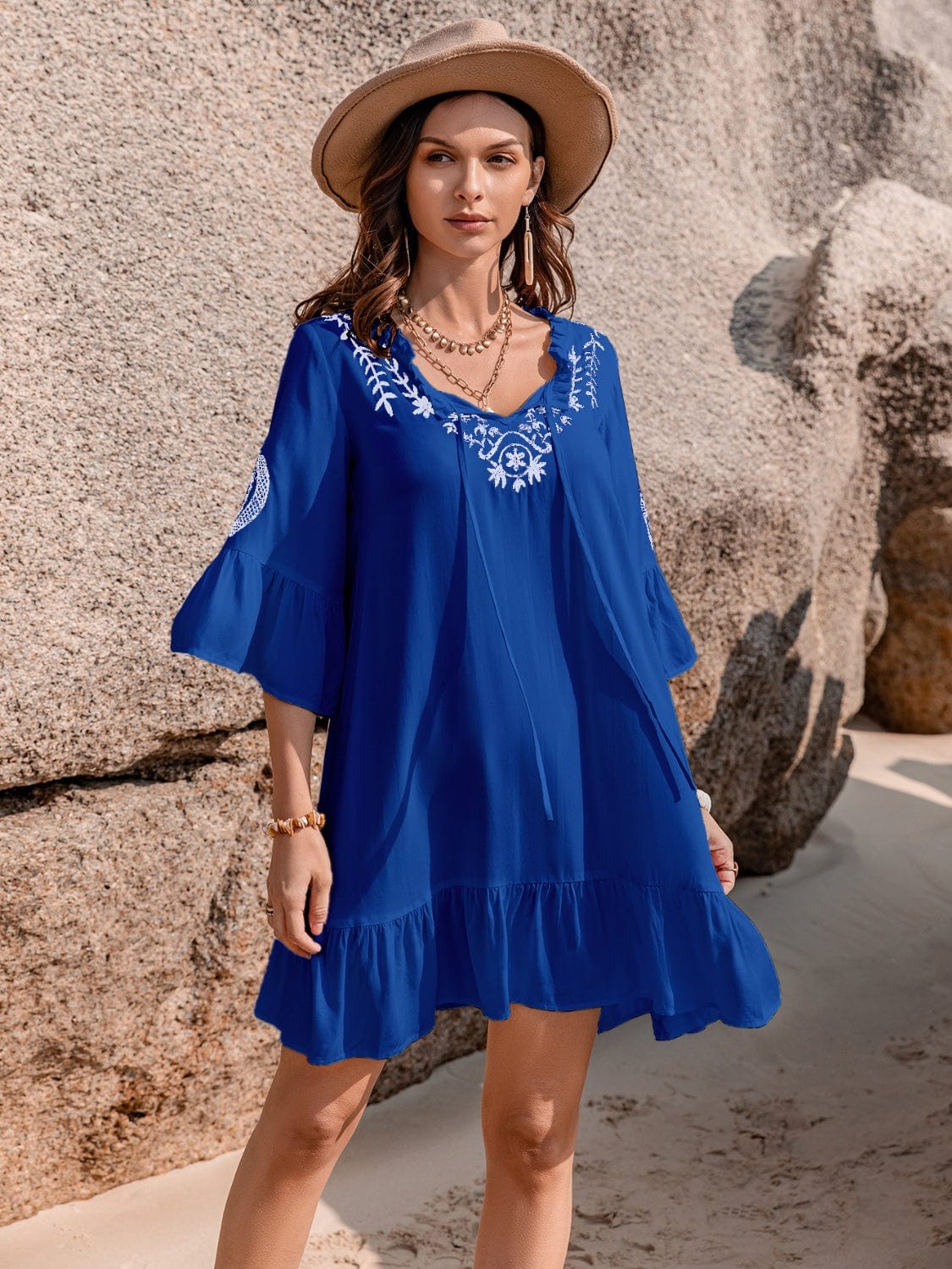 Trendsi Royal  Blue / S Printed Tie Neck Flounce Sleeve Mini Dress Printed Tie Neck Flounce Sleeve Mini Dress