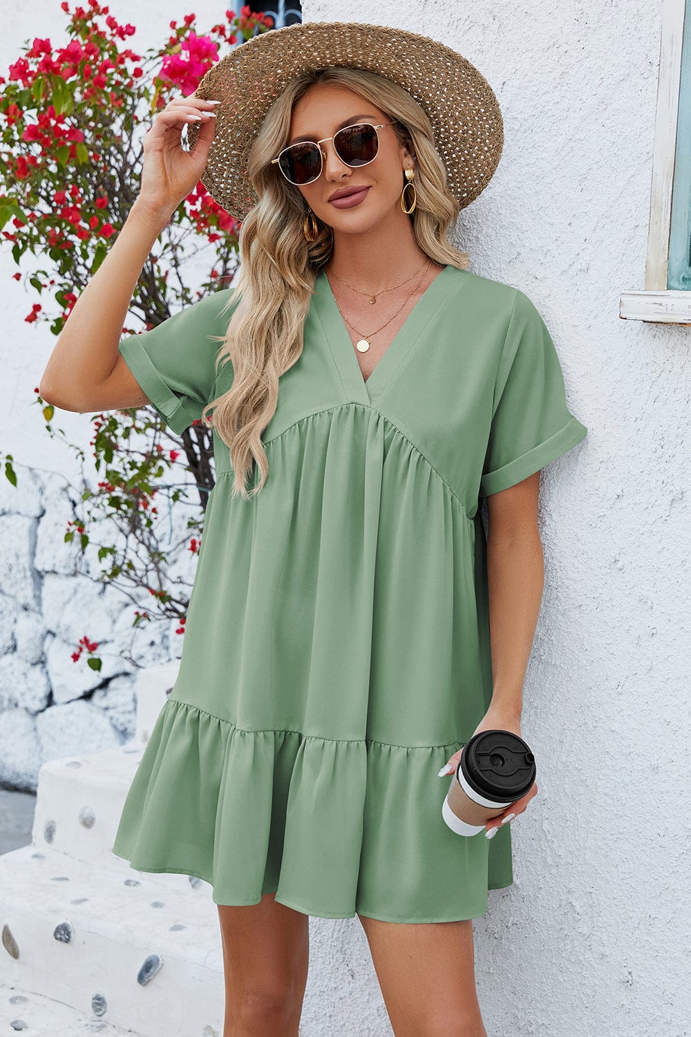 Trendsi Ruched Tiered V-Neck Short Sleeve Mini Dress Ruched Tiered V-Neck Short Sleeve Mini Dress