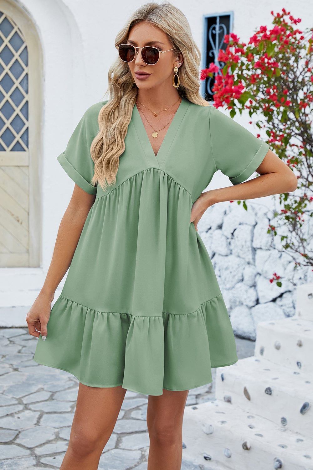 Trendsi Ruched Tiered V-Neck Short Sleeve Mini Dress Ruched Tiered V-Neck Short Sleeve Mini Dress