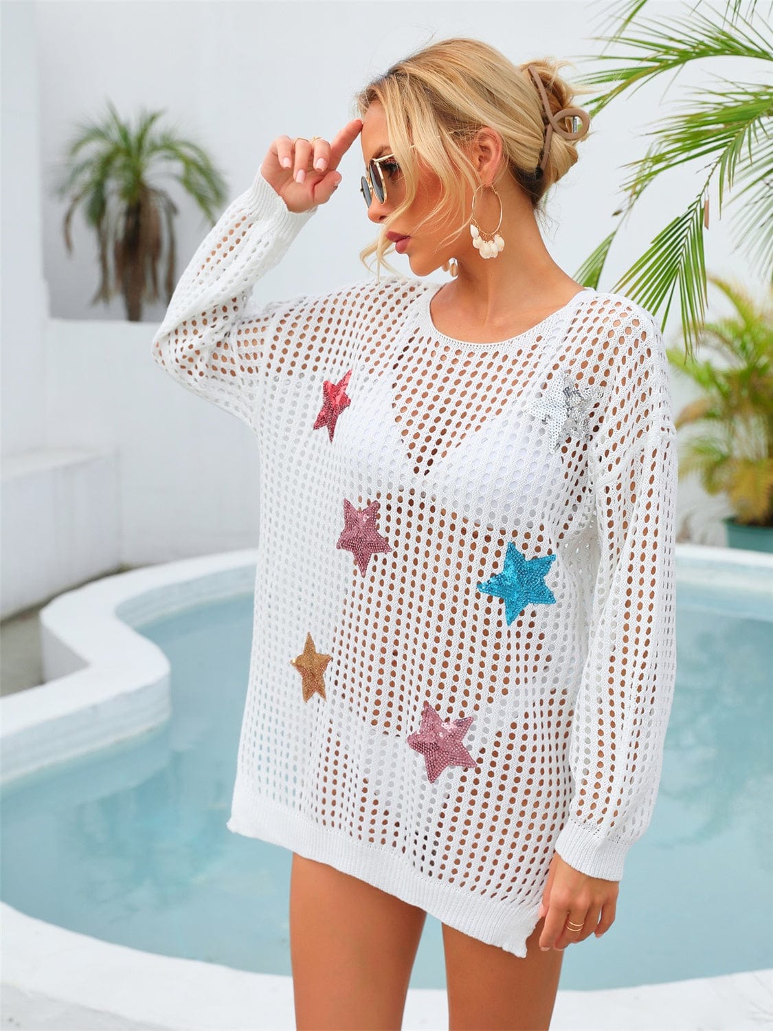 Trendsi Sequin Star Round Neck Long Sleeve Cover Up Sequin Star Round Neck Long Sleeve Cover Up