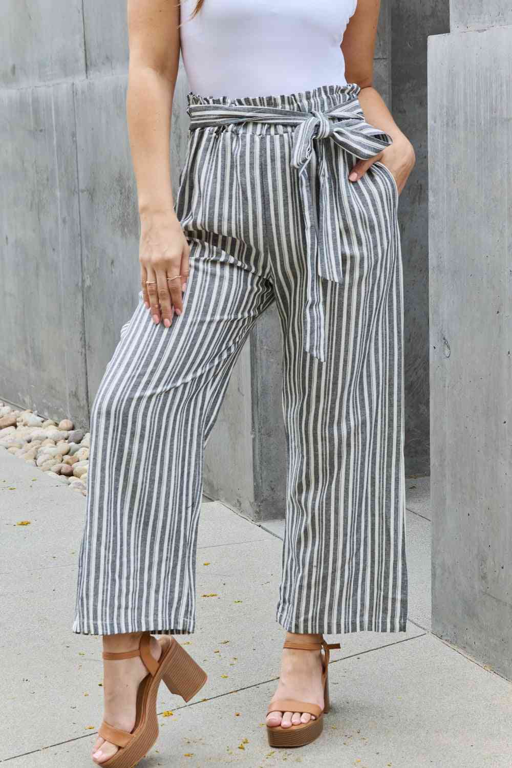 Trendsi Stripe / S Paperbag Waist Striped Culotte Pants 100% Linen Paperbag Waist Striped Culotte Pants 100% Linen