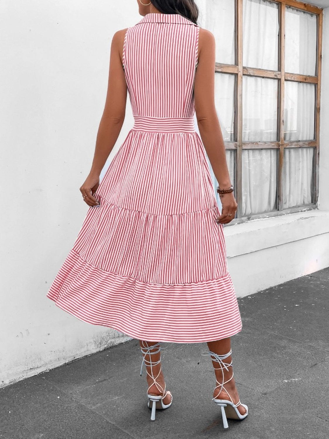Trendsi Striped Johnny Collar Sleeveless Midi Dress Striped Johnny Collar Sleeveless Midi Dress