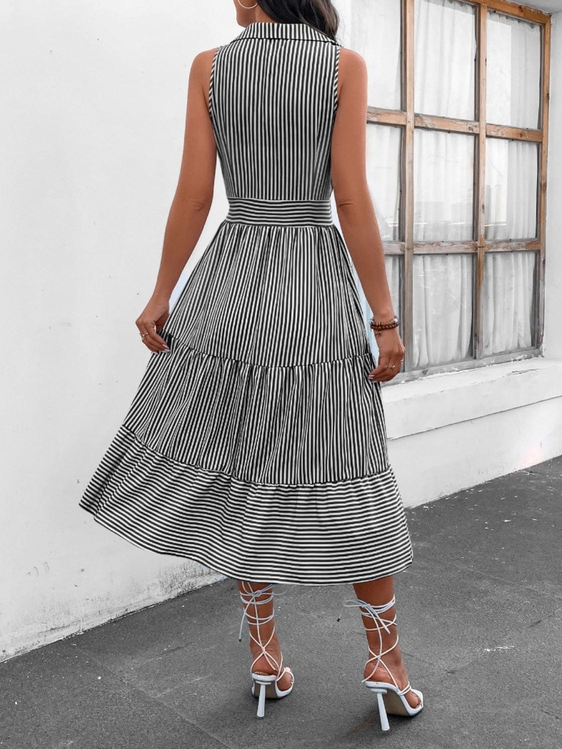 Trendsi Striped Johnny Collar Sleeveless Midi Dress Striped Johnny Collar Sleeveless Midi Dress