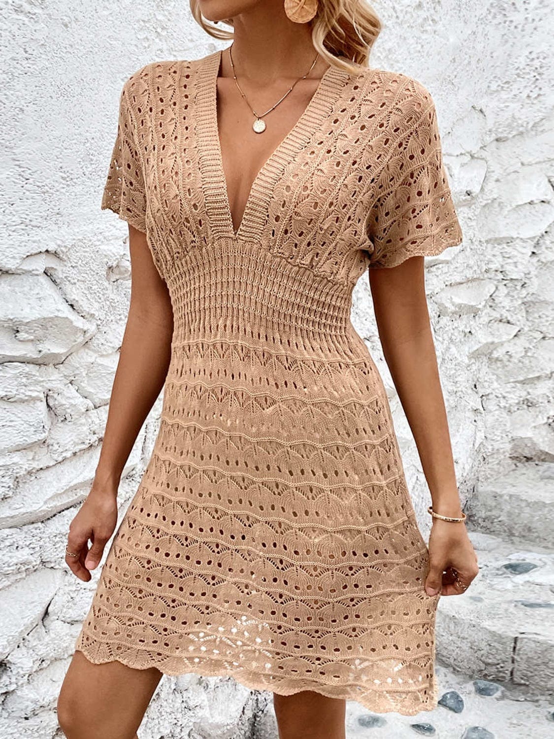 Trendsi Tan / S Openwork Plunge Short Sleeve Cover-Up Dress Openwork Plunge Short Sleeve Cover-Up Dress