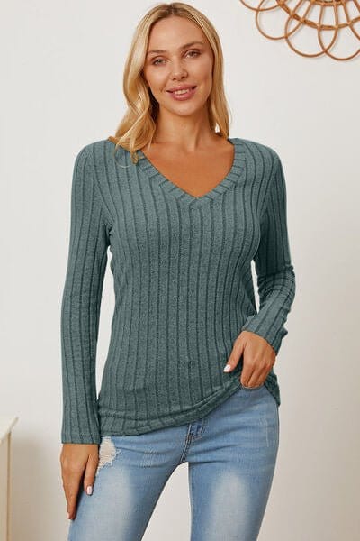 Trendsi Teal / S Basic Bae Full Size Ribbed V-Neck Long Sleeve T-Shirt Basic Bae Full Size Ribbed V-Neck Long Sleeve T-Shirt