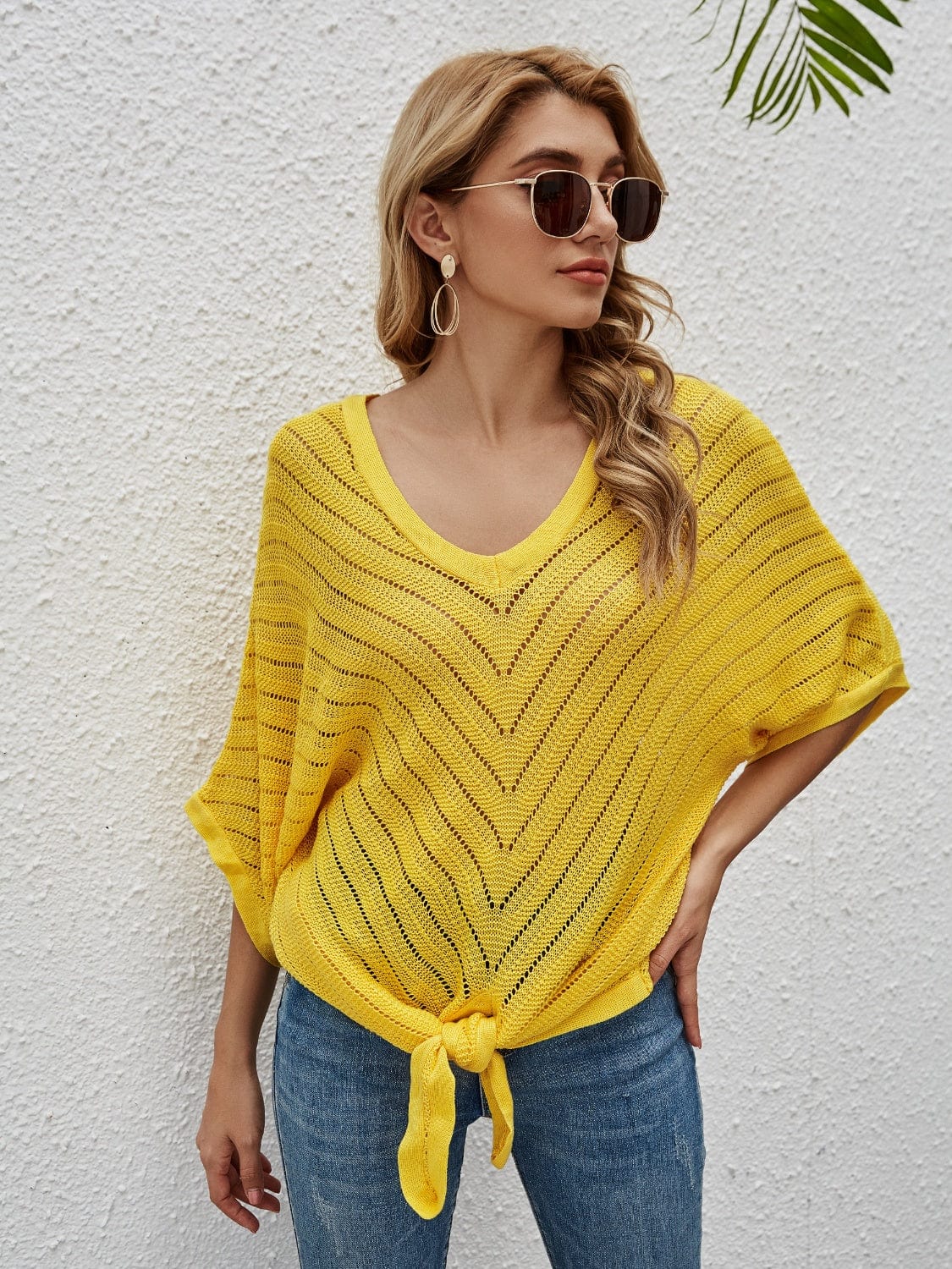 Trendsi True Yellow / S Openwork Batwing Sleeve Cover-Up Openwork Batwing Sleeve Cover-Up