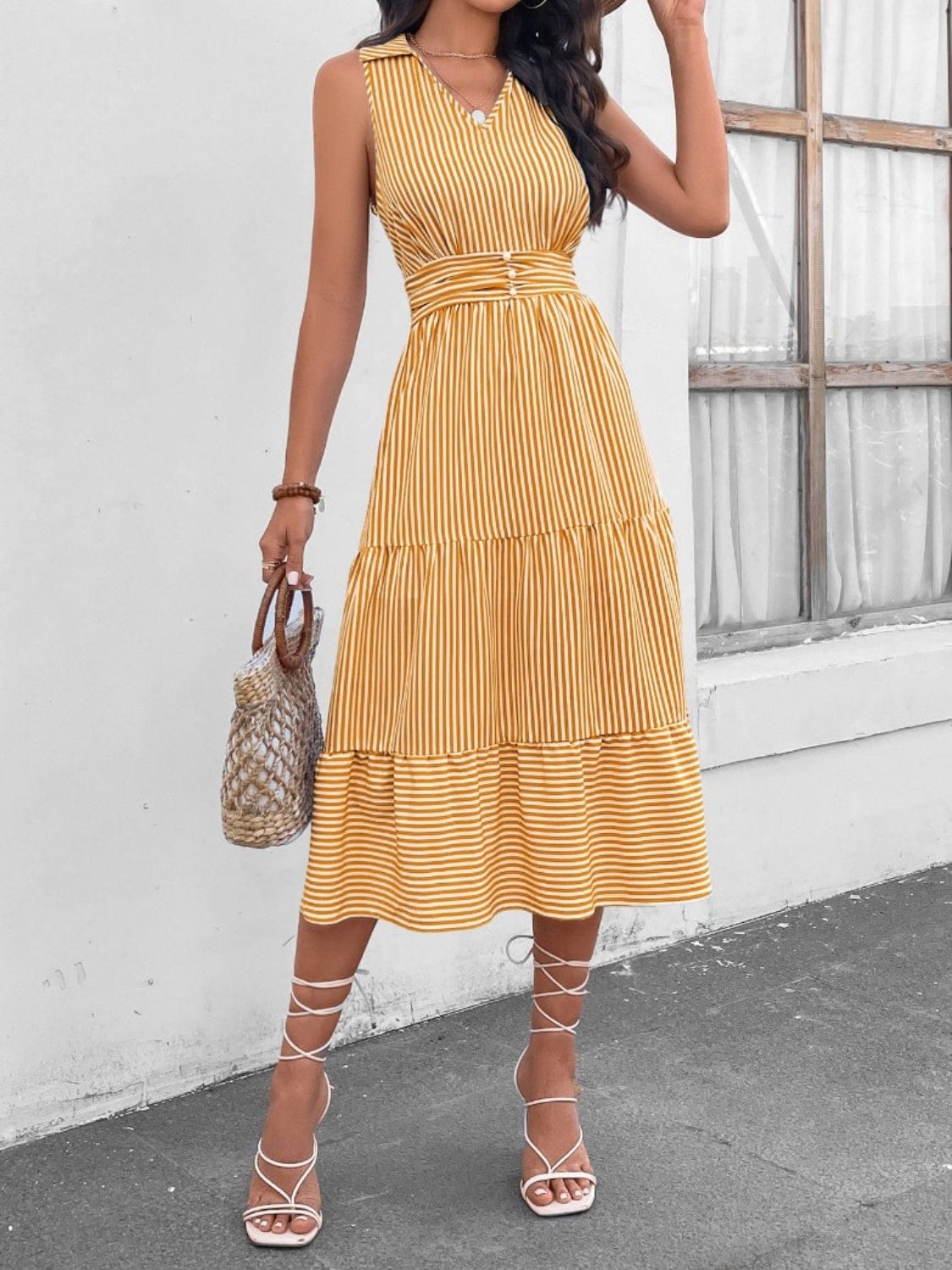 Trendsi True Yellow / S Striped Johnny Collar Sleeveless Midi Dress Striped Johnny Collar Sleeveless Midi Dress