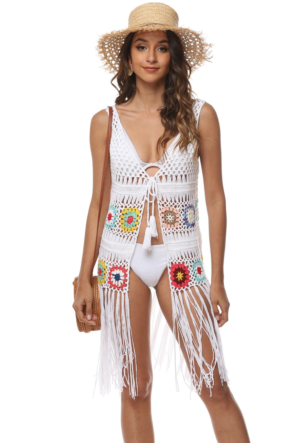 Trendsi White / One Size Openwork Fringe Detail Embroidery Sleeveless Cover-Up Openwork Fringe Detail Embroidery Sleeveless Cover-Up