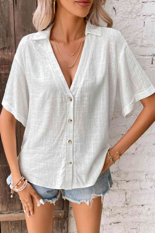 Trendsi White / S Button Front Linen Blend Collared Blouse Button Front Linen Blend Collared Blouse