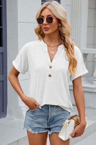 Trendsi White / S Eyelet Notched Short Sleeve T-Shirt Eyelet Notched Short Sleeve T-Shirt