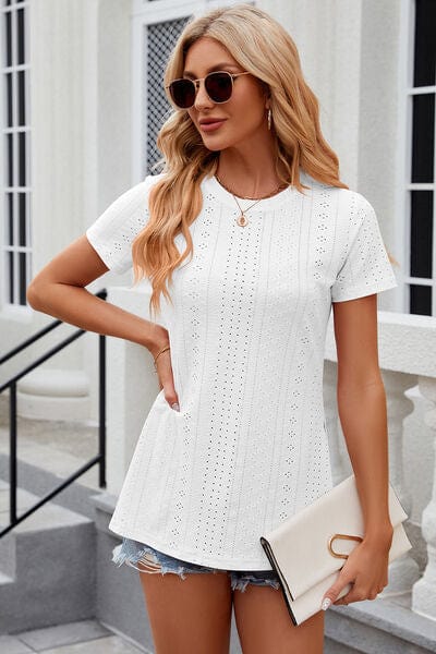 Trendsi White / S Eyelet Slit Round Neck Short Sleeve T-Shirt Eyelet Slit Round Neck Short Sleeve T-Shirt