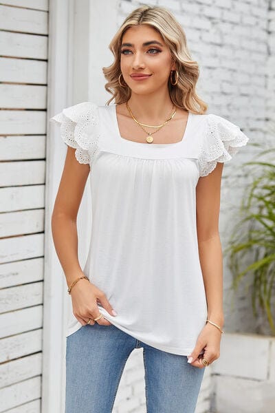 Trendsi White / S Eyelet Square Neck Cap Sleeve Blouse Eyelet Square Neck Cap Sleeve Blouse