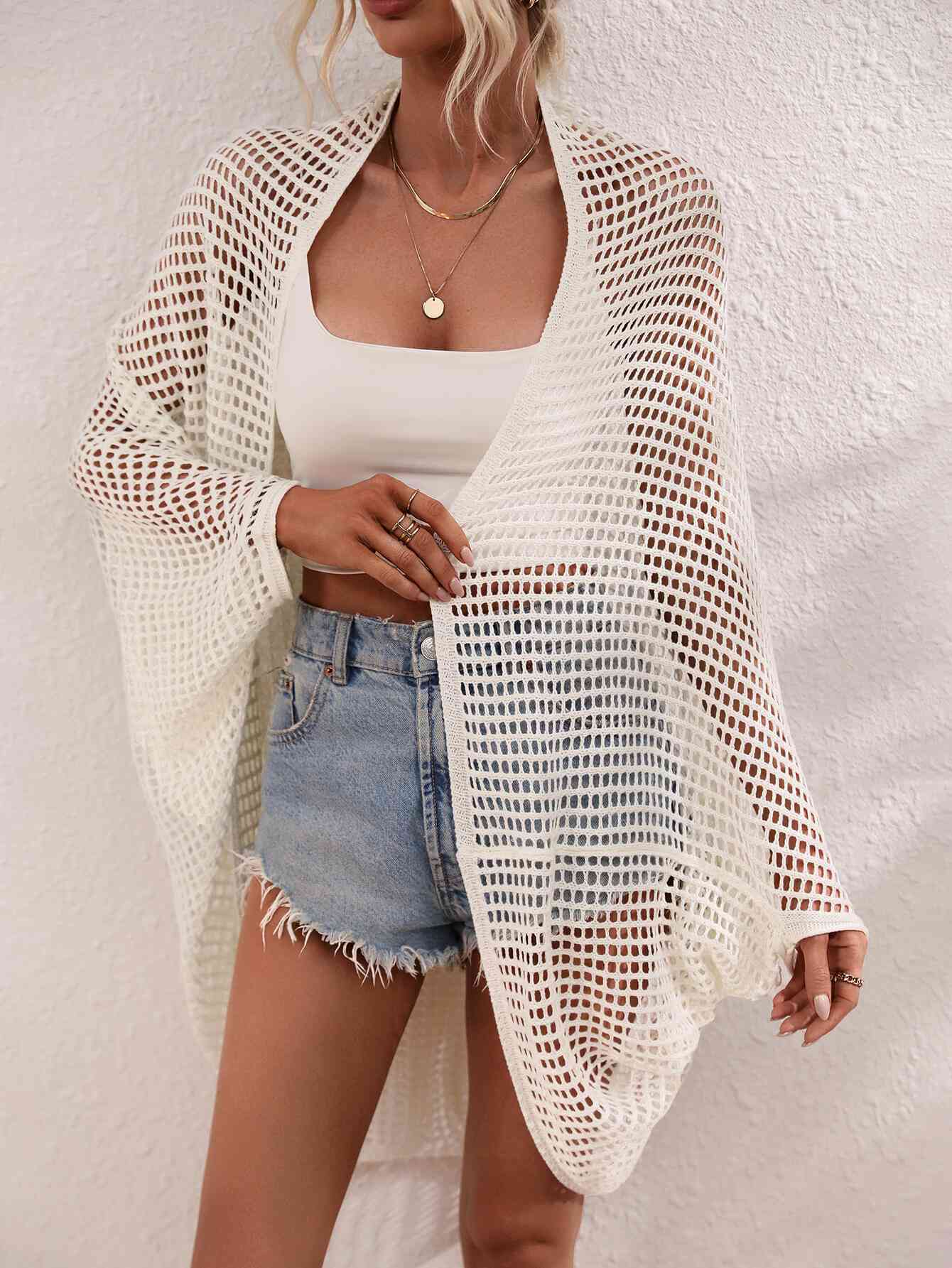 Trendsi White / S Openwork Open Front Longline Cover Up Openwork Open Front Longline Cover Up