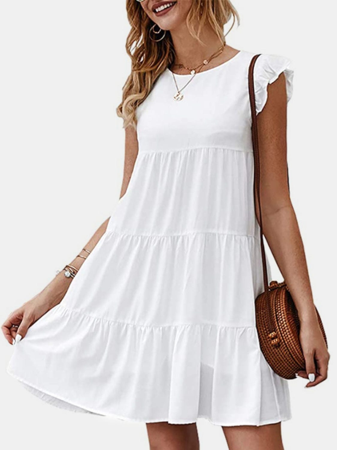 Trendsi White / S Ruffled Round Neck Cap Sleeve Mini Dress Ruffled Round Neck Cap Sleeve Mini Dress