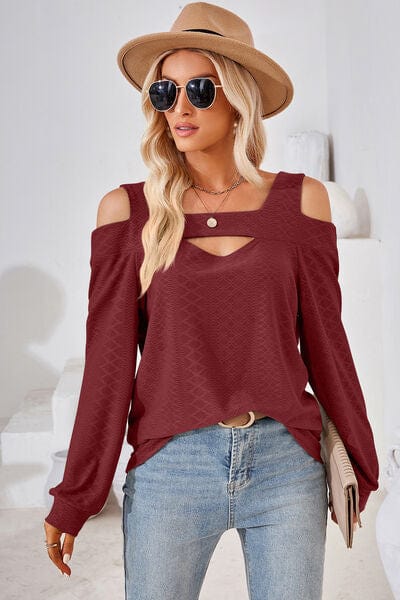 Trendsi Wine / S Cutout Square Neck Cold Shoulder T-Shirt Cutout Square Neck Cold Shoulder T-Shirt