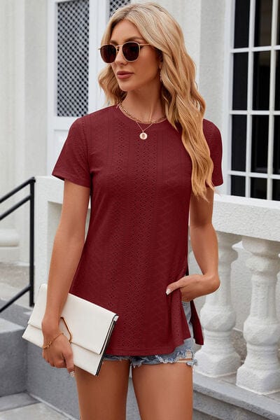 Trendsi Wine / S Eyelet Slit Round Neck Short Sleeve T-Shirt Eyelet Slit Round Neck Short Sleeve T-Shirt