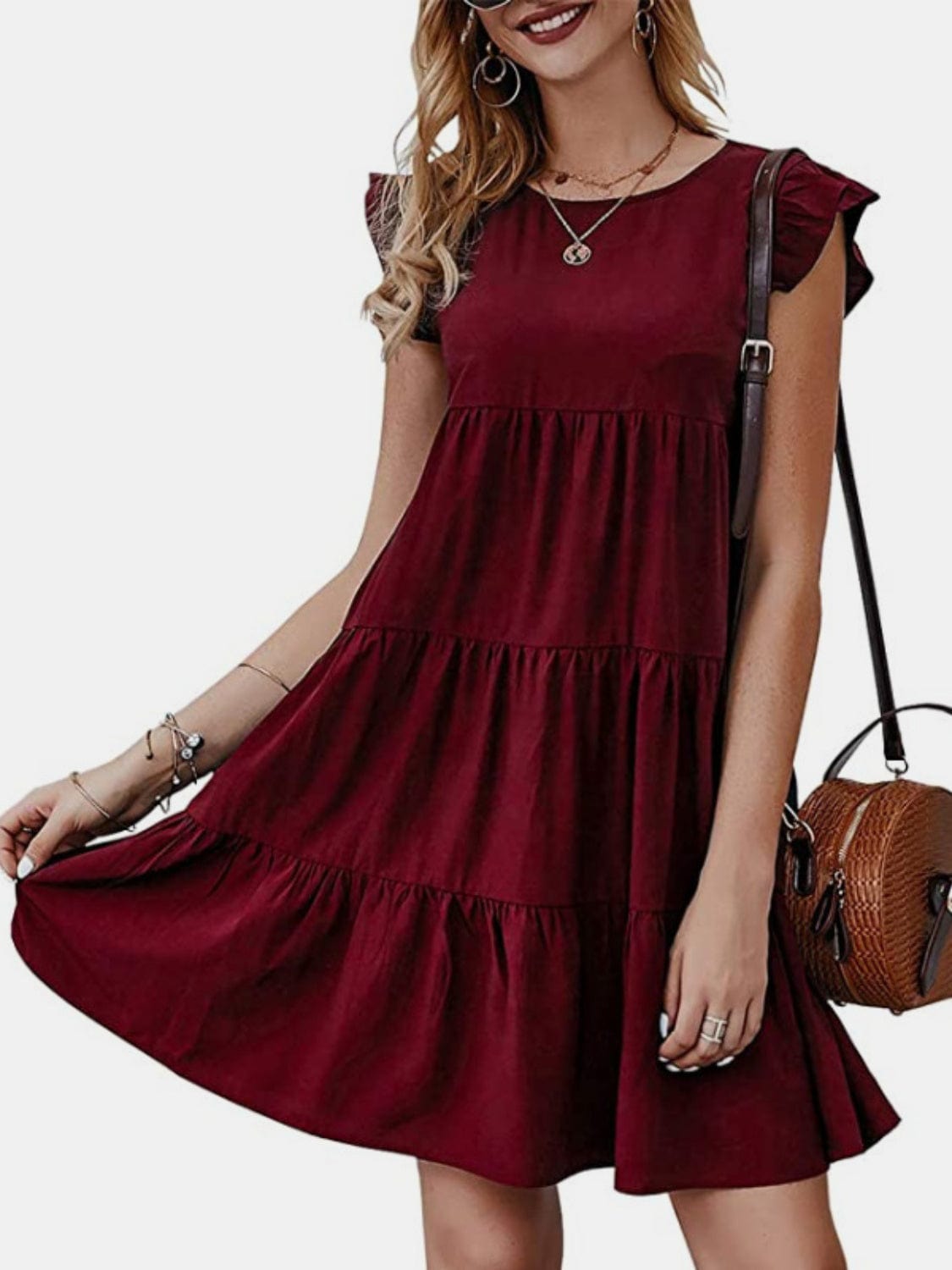 Trendsi Wine / S Ruffled Round Neck Cap Sleeve Mini Dress Ruffled Round Neck Cap Sleeve Mini Dress